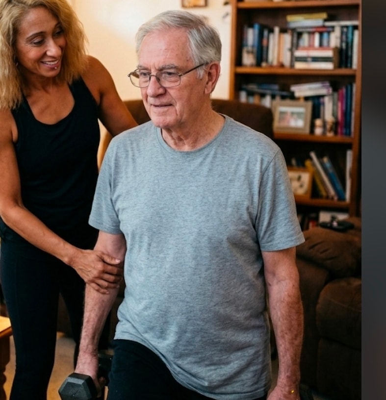 Senior doing strength training at home